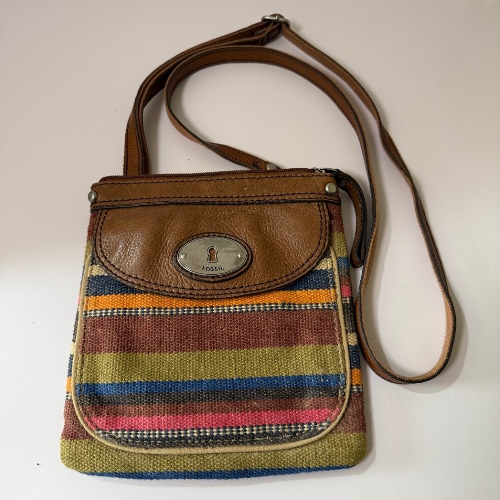 VTG Fossil Crossbody Bag Woven Striped Canvas Brown Leather Boho Key Small Purse - Picture 5 of 8